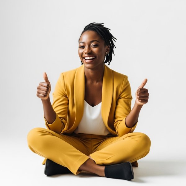 A black woman sitting cross-legged, smiling and giving thumbs up in a professional yellow outfit #2