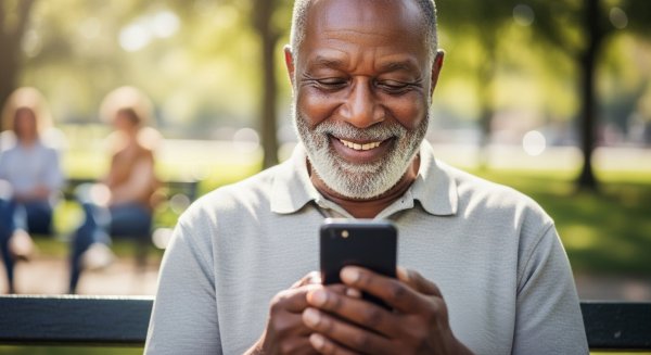 An old black man looking on his phone and smiling #2