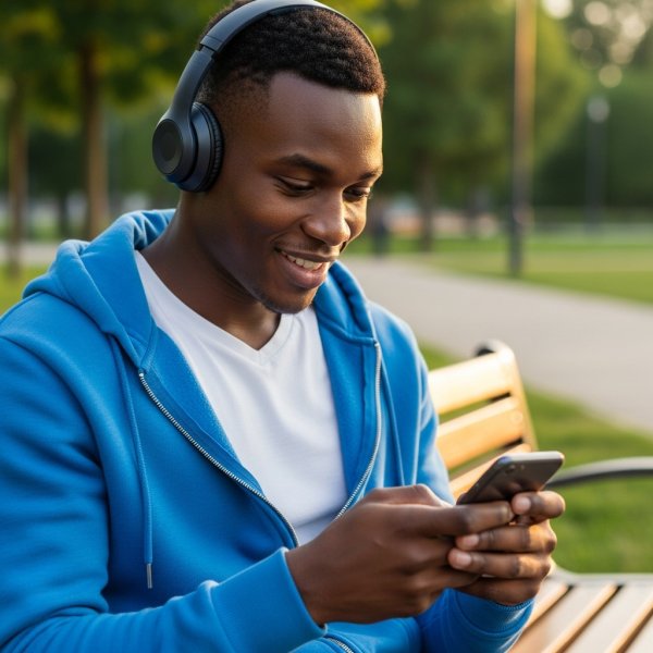 A young, pretty African guy in blue, looking down at his phone with a headset and smiling #1
