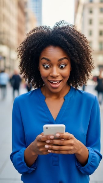 A young black, pretty woman in blue, looking at her smartphone with a shocked, happy expression #2