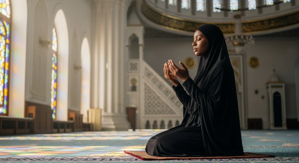 A black Muslim lady with a black hijab praying #3