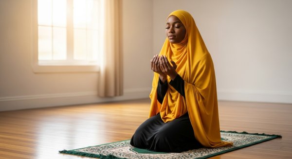 A black Muslim lady with a yellow hijab praying #3