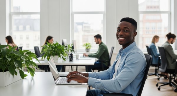 A young black man in an office space, looking happy while sitting at his desk #2