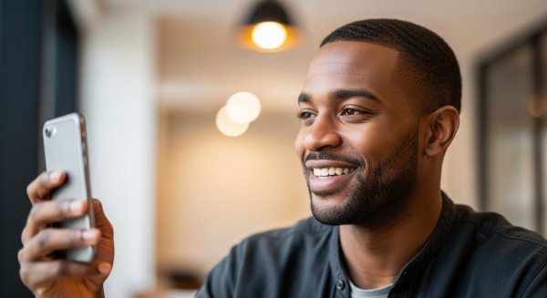 A handsome black man holding his phone and smiling #3