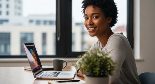 A young, pretty black lady sitting behind her laptop and smiling #2