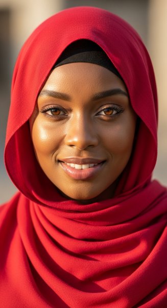 A black Muslim lady with a red hijab on her head #1