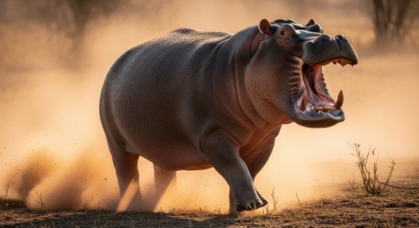 A hippo charging forward with dust around #4