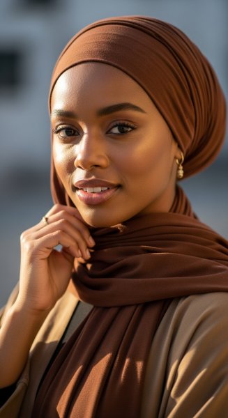 A black Muslim lady with a brown hijab on her head #3
