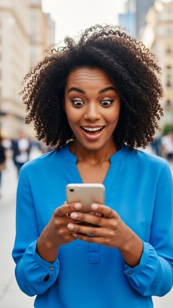 A young black, pretty woman in blue, looking at her smartphone with a shocked, happy expression #4