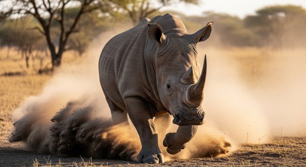 A rhino charging forward with dust around #1