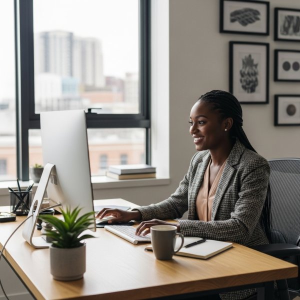 A happy African woman sitting in her office with her PC #3