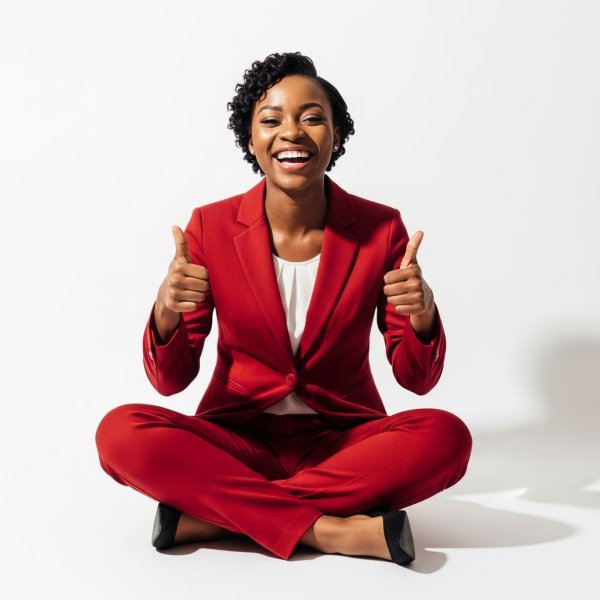 A black woman sitting cross-legged, smiling and giving thumbs up in a professional red outfit #1