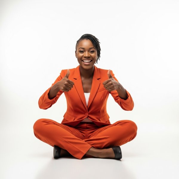 A black woman sitting cross-legged, smiling and giving thumbs up in a professional orange outfit #4