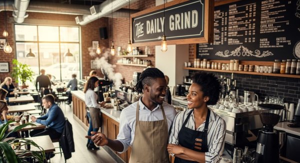 A young black man and woman looking happy, standing in their coffee shop #3
