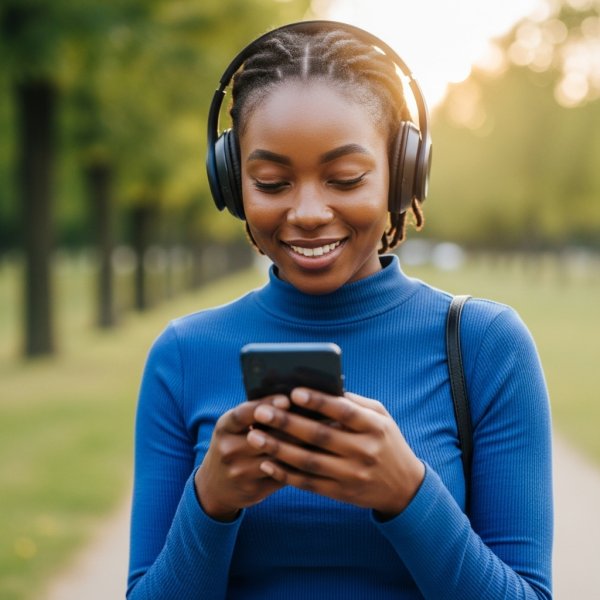 A young, pretty African lady in blue, looking down at her phone with a headset and smiling #4