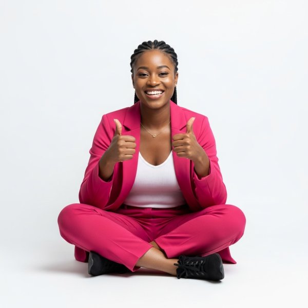 A black woman sitting cross-legged, smiling and giving thumbs up in a professional pink outfit #2