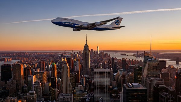 An airplane flying over Manhattan #2