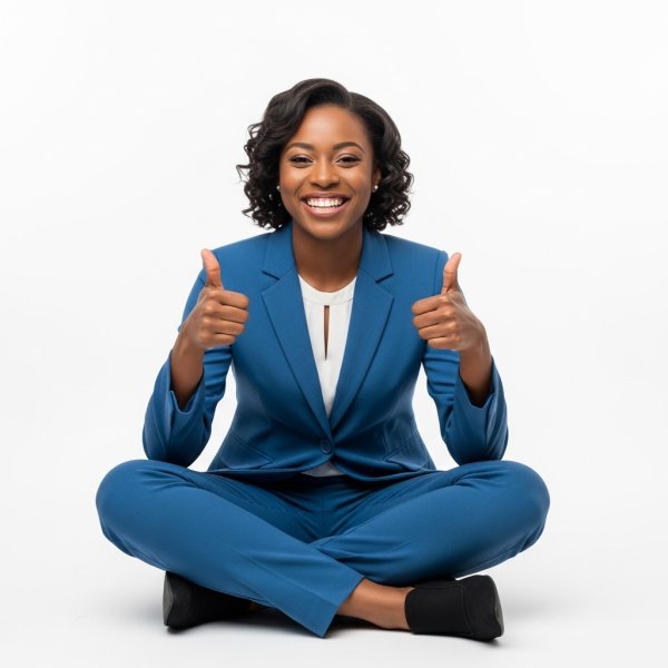 A black woman sitting cross-legged, smiling and giving thumbs up in a professional blue outfit #3