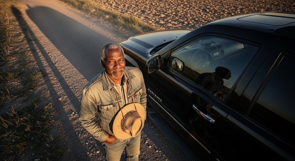 Overhead shot of an old black man looking standing by his black SUV #2