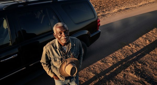 Overhead shot of an old black man looking standing by his black SUV #1