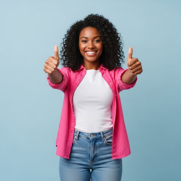 A cheerful young black pretty woman in a pink shirt, smiling confidently and giving two thumbs up #2