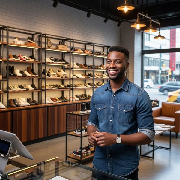 A black young man standing in his shoe shop and smiling #3