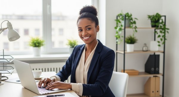A happy young black woman in professional attire in her office #4