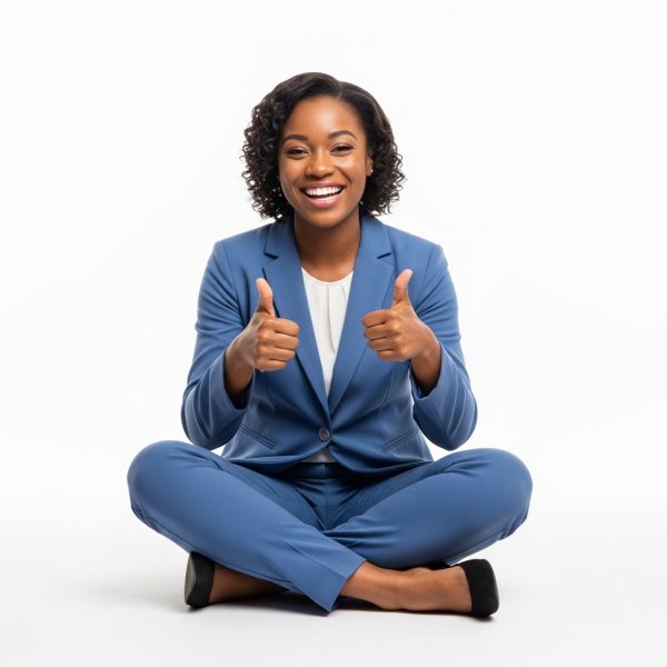 A black woman sitting cross-legged, smiling and giving thumbs up in a professional blue outfit #1