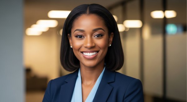 A black woman dressed in blue professional attire and smiling #3