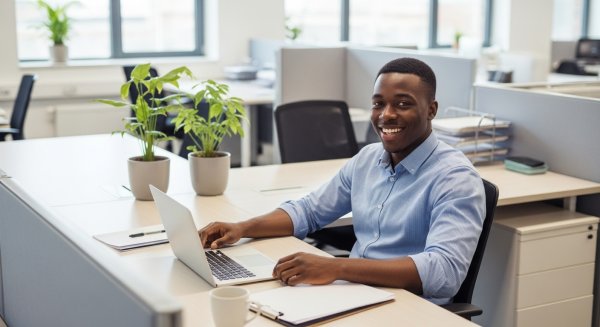 A young black man in an office space, looking happy while sitting at his desk #3