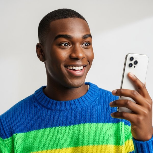 A young black man wearing a bright sweater, looking at his smartphone with a shocked, happy expression #2