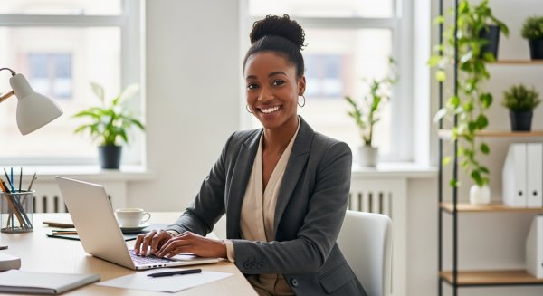 A happy young black woman in professional attire in her office #2