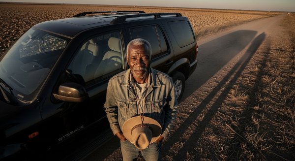 Overhead shot of an old black man looking standing by his black SUV #3