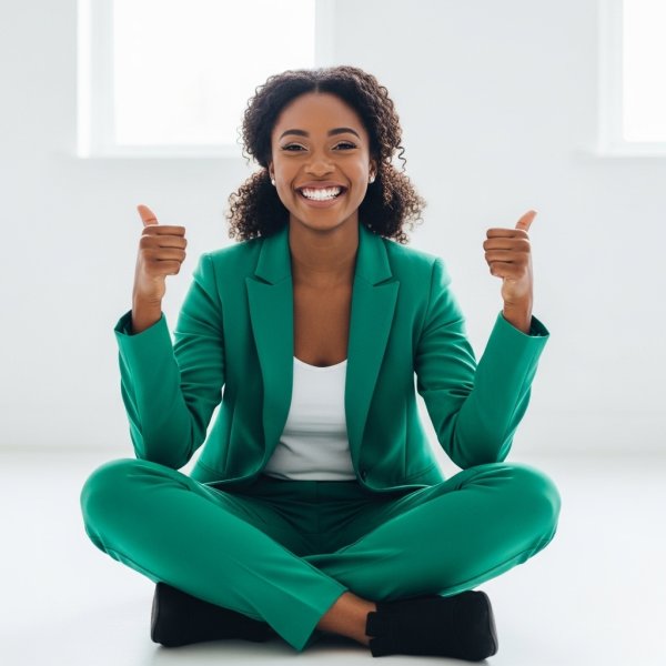 A black woman sitting cross-legged, smiling and giving thumbs up in a professional green outfit #1