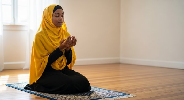 A black Muslim lady with a yellow hijab praying #2