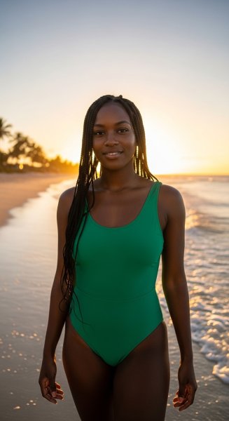 A young black lady in a green swimsuit #1