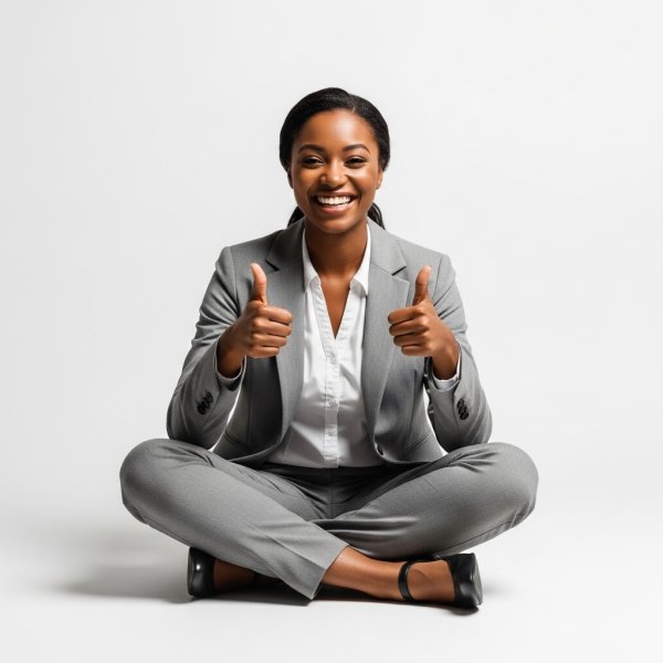 A black woman sitting cross-legged, smiling and giving thumbs up in a professional grey outfit #3