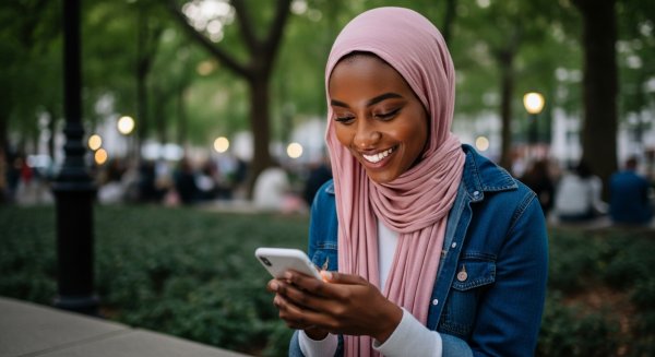 A black Muslim lady with a pink hijab looking on her phone #4