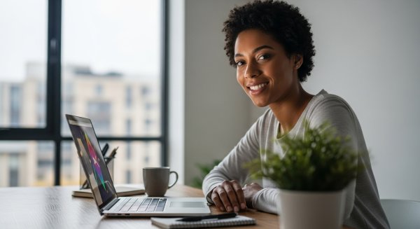 A young, pretty black lady sitting behind her laptop and smiling #1