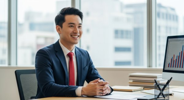 A happy young Asian man in professional attire in his office #3