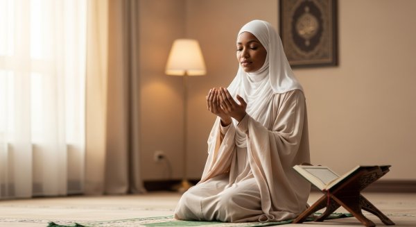 A black Muslim lady with a white hijab praying #4