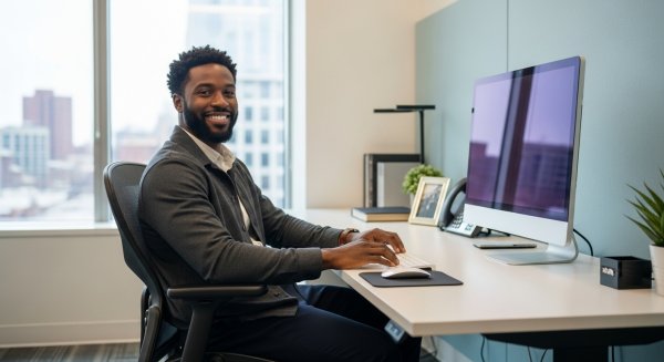 A happy black man sitting in his office with his PC #1