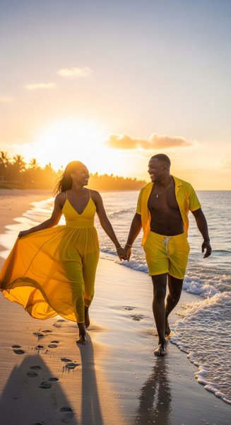 A black couple at the beach in yellow #3