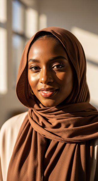 A black Muslim lady with a brown hijab on her head #4