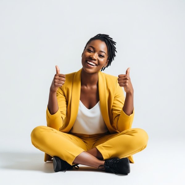 A black woman sitting cross-legged, smiling and giving thumbs up in a professional yellow outfit #4