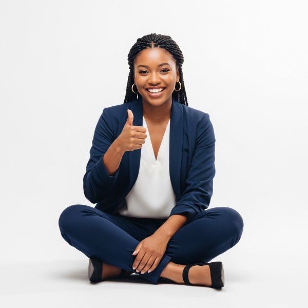 A black woman sitting cross-legged, smiling and giving thumbs up in a professional blue outfit #7