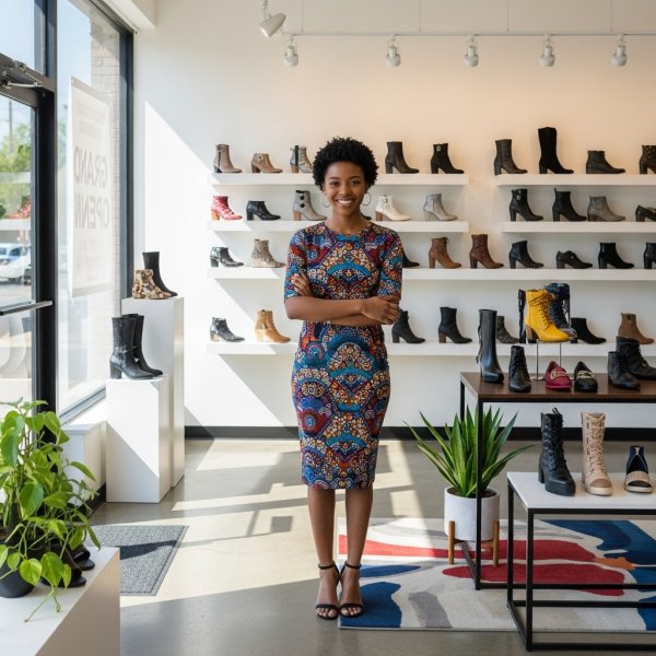 A black young woman standing in her shoe shop and smiling #3