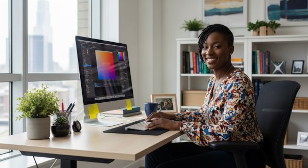 A happy black woman sitting in her office with her PC #4