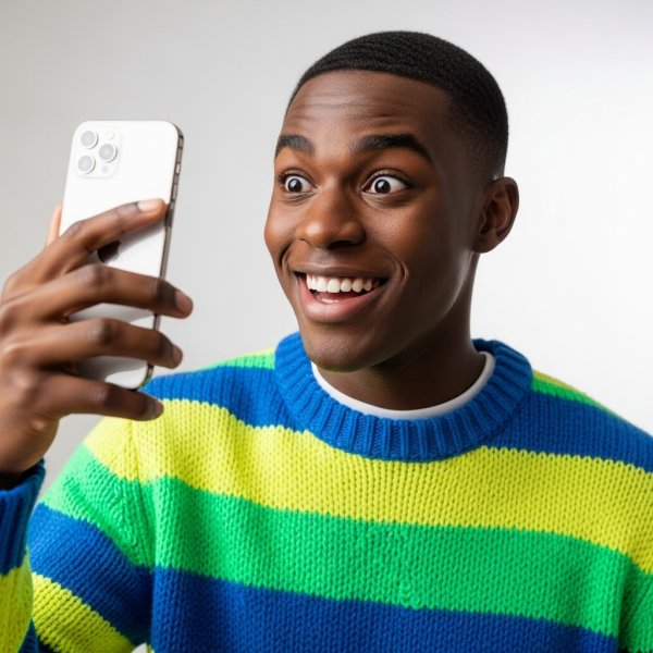 A young black man wearing a bright sweater, looking at his smartphone with a shocked, happy expression #4