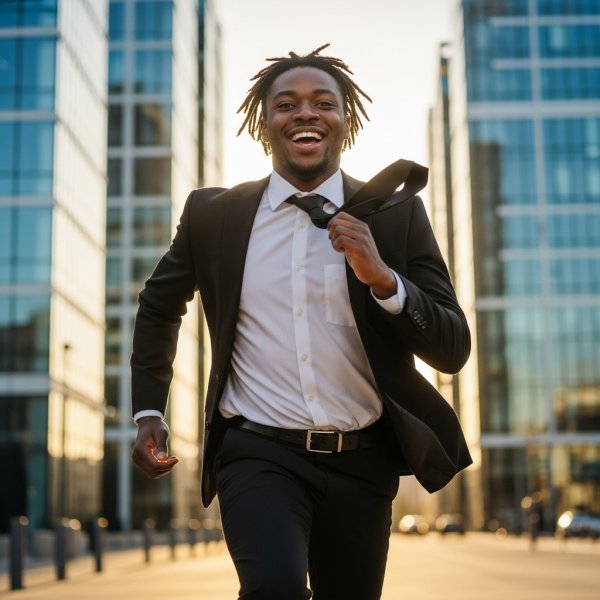 A black businessman in a suite, running and smiling #3
